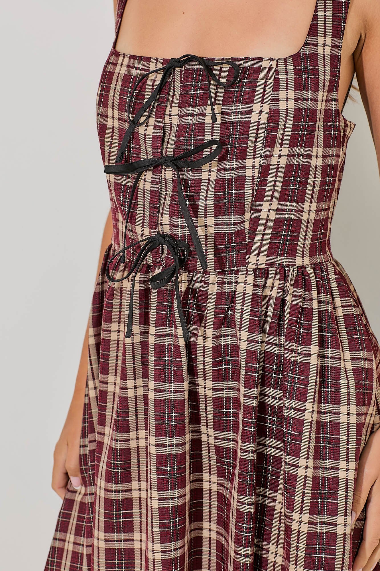 Plaid Tank Midi Dress with Ribbon Accents-Burgundy