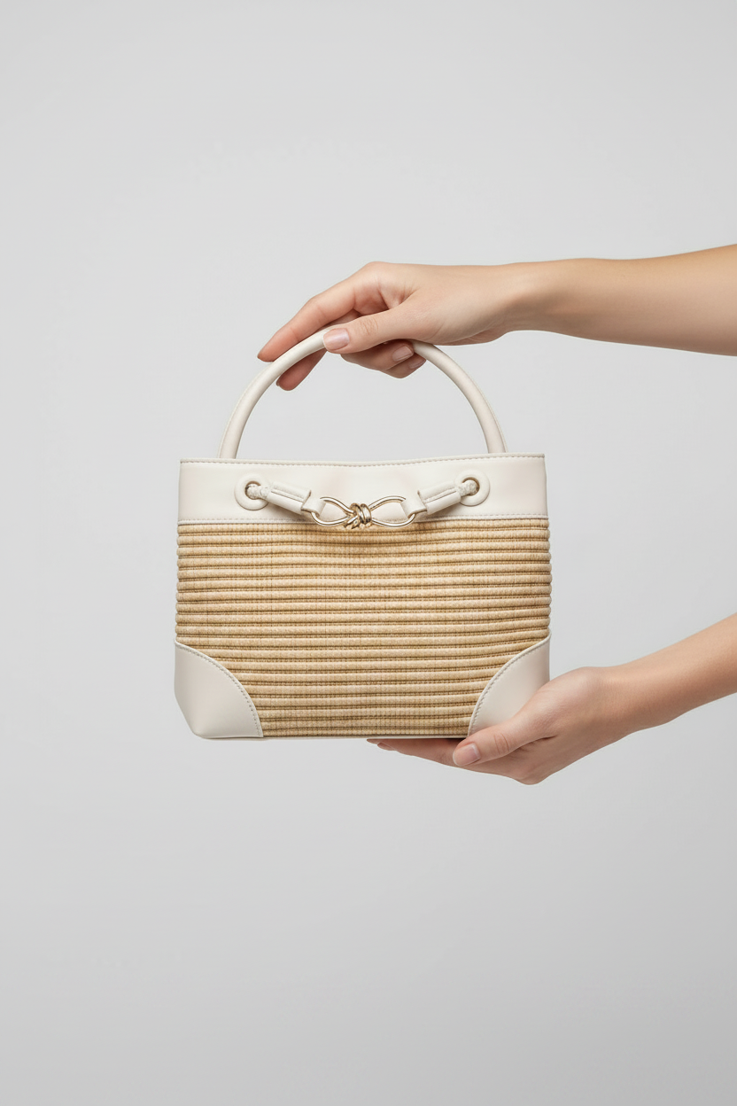 Hand holding a beige and white handbag against a light gray background
