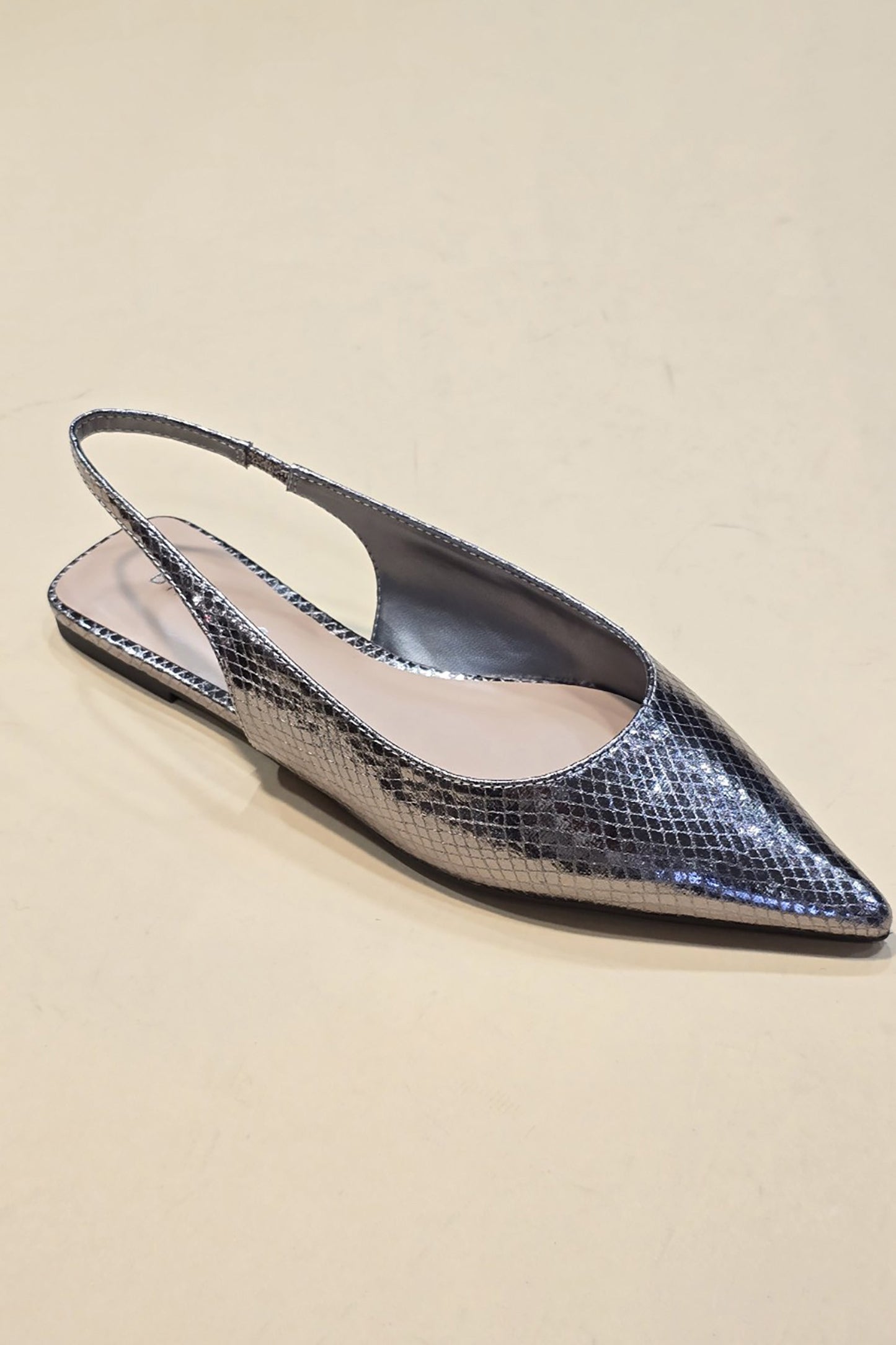 Pointed Toe Slingback Flats-Pewter Snake