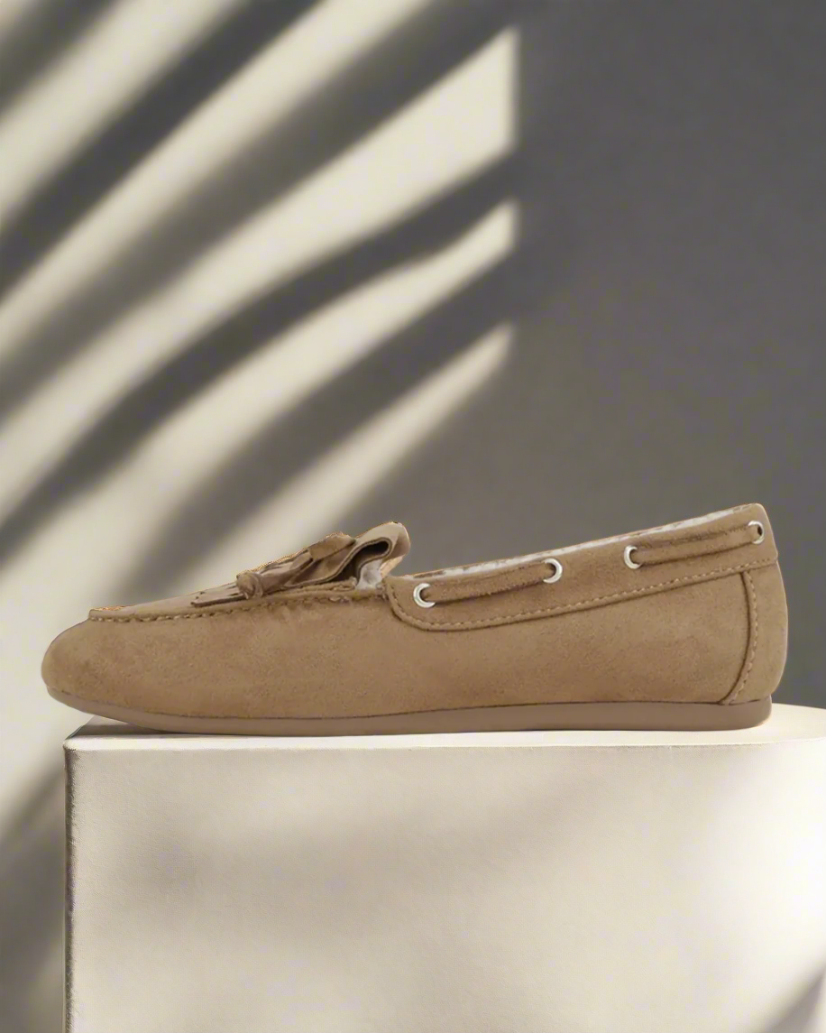 Fringe Moccasin Flats Tan Microsuede
