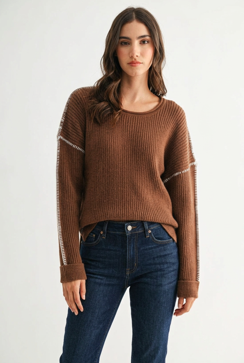 Brielle Contrasting Stitch Sweater-Brown White Knit