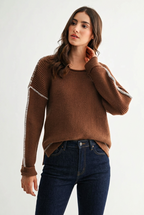 Brielle Contrasting Stitch Sweater-Brown White Knit