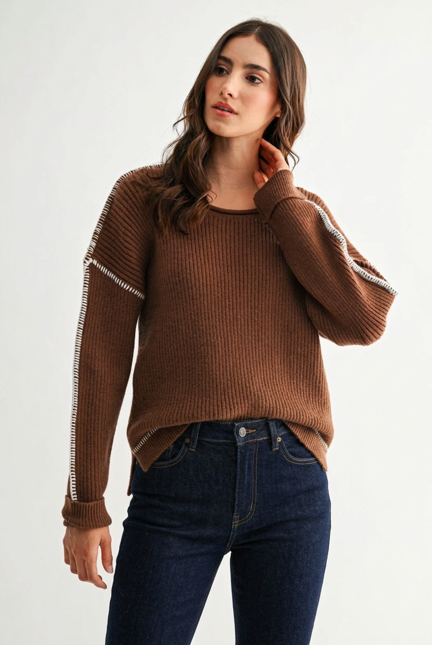 Brielle Contrasting Stitch Sweater-Brown White Knit