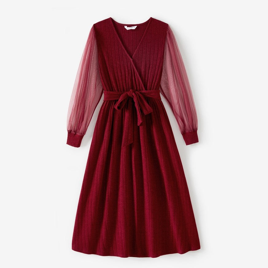 Long Sleeve V-Neck Midi Dress-Burgundy