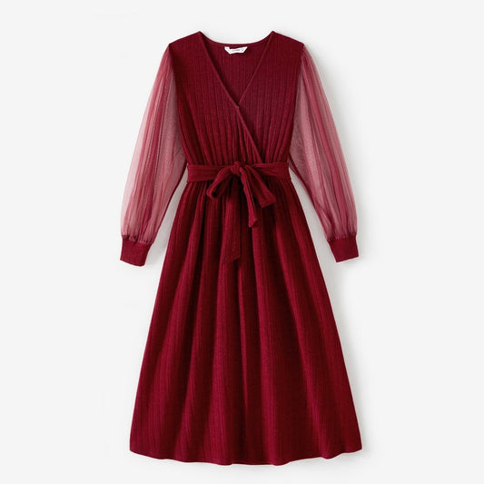 Long Sleeve V-Neck Midi Dress-Burgundy