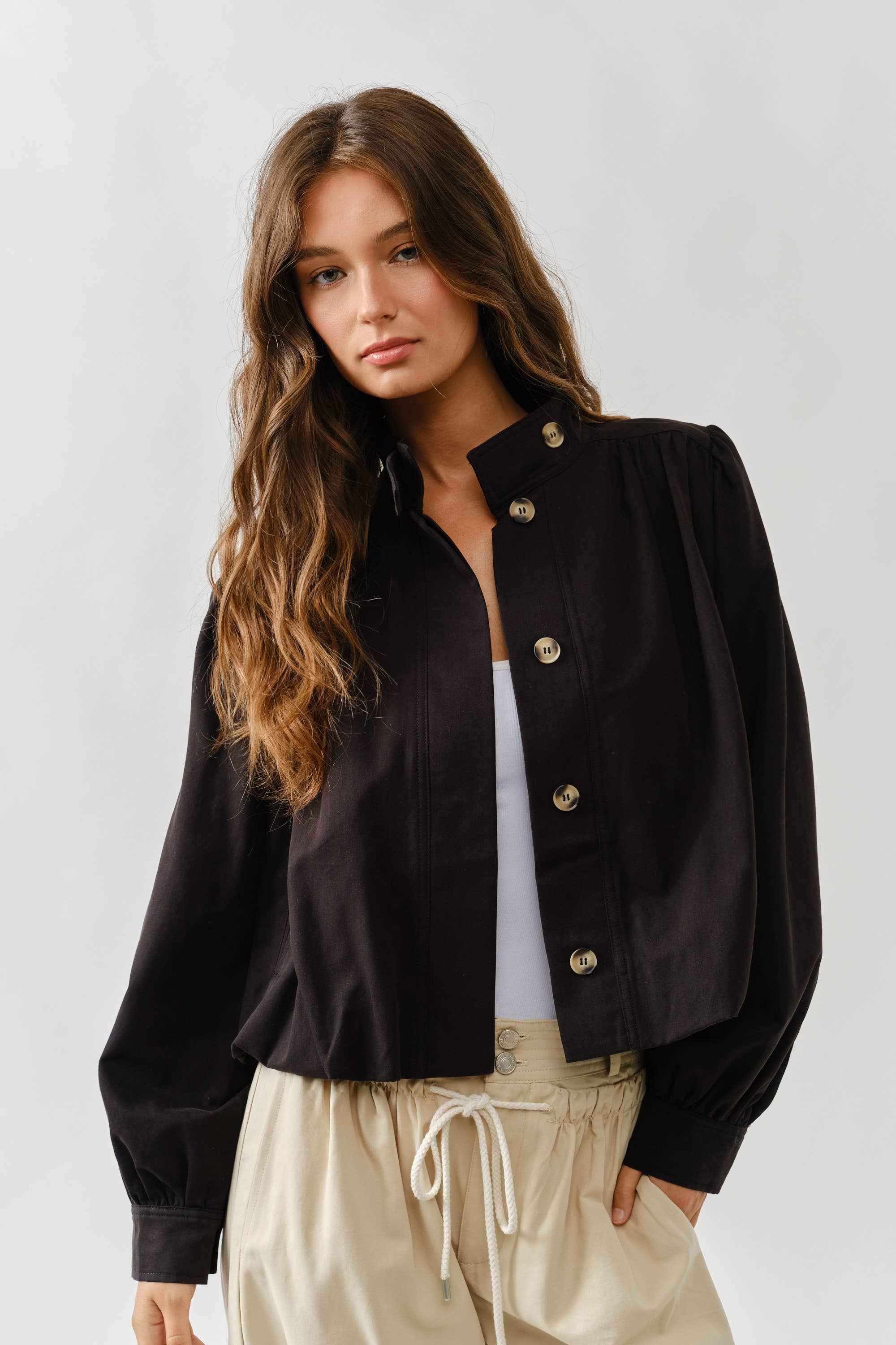 Short Balloon Trench Jacket-Black