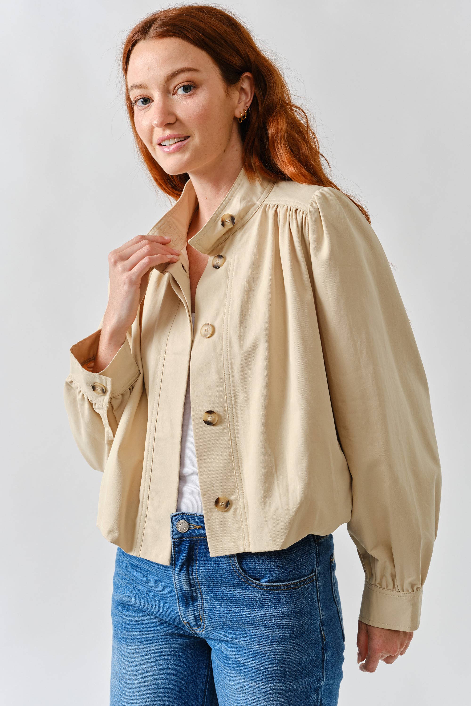 Short Balloon Trench Jacket-Tan