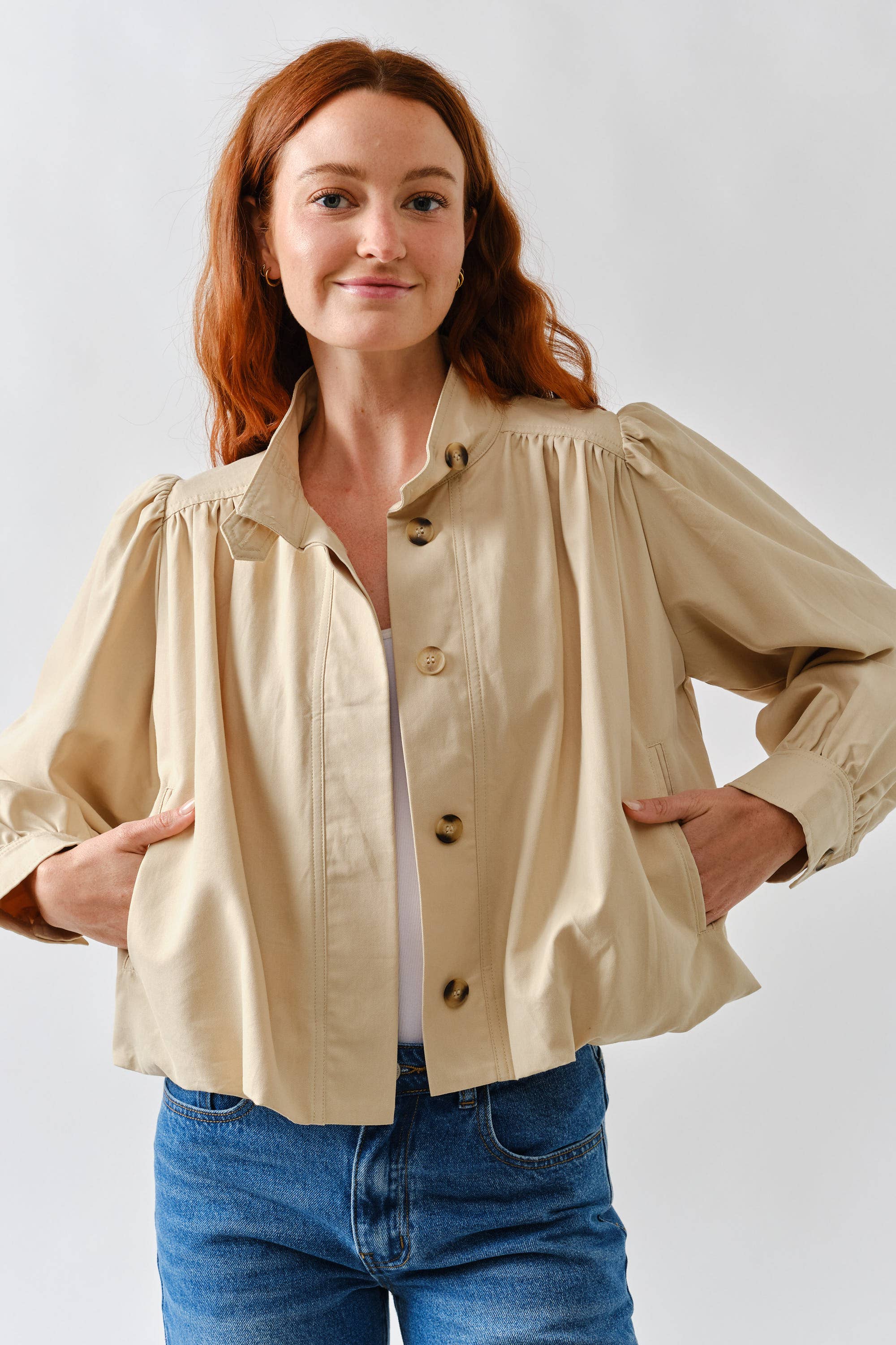 Short Balloon Trench Jacket-Tan