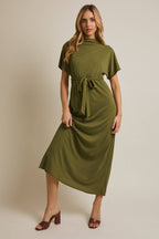 Women's mock neck olive knit maxi dress