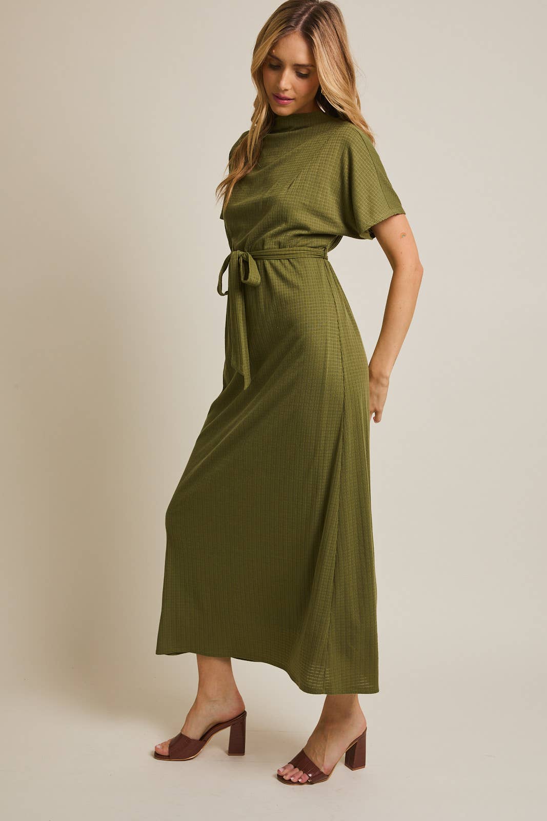 Women's mock neck olive knit maxi dress