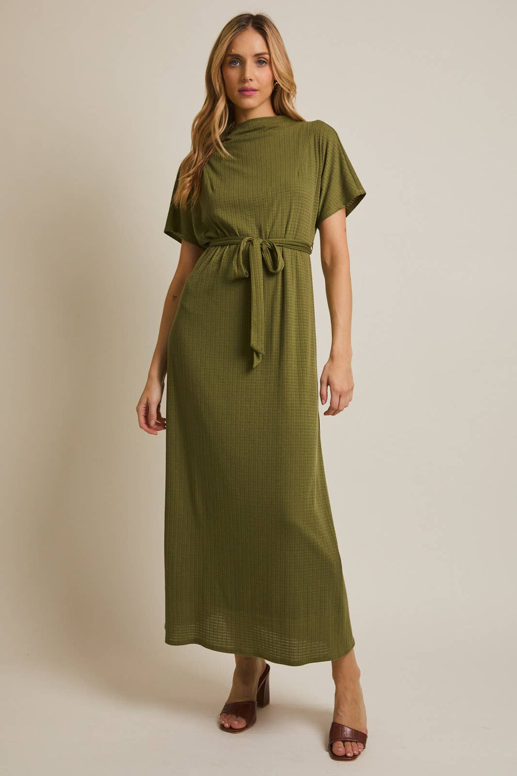 Women's mock neck olive knit maxi dress