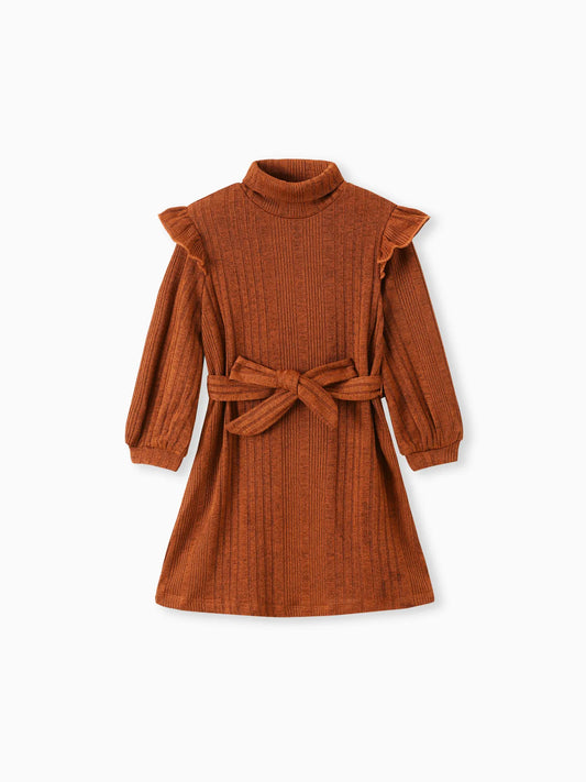 Long Sleeve Flutter Knit Dress-Rust