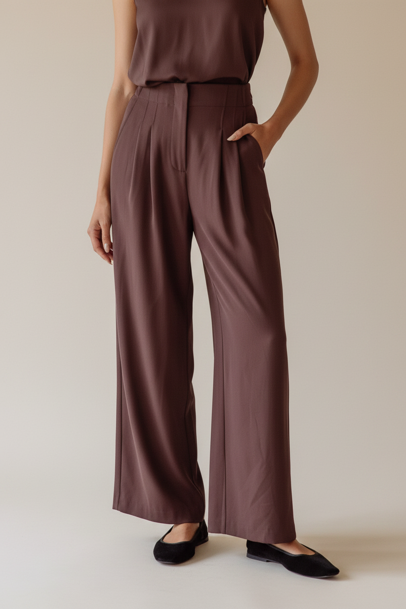 Callie Wide Leg Pleated Pants-Espressso Flowy