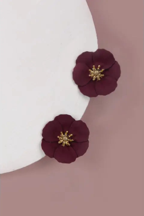 Matte Flower Earrings-Burgundy