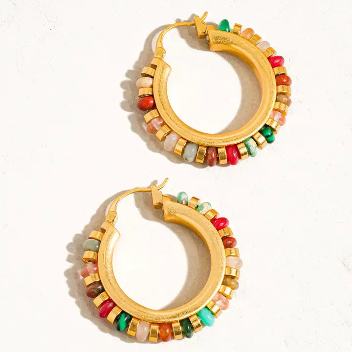 18K Non-Tarnish Color Beaded Hoop Earrings-Gold
