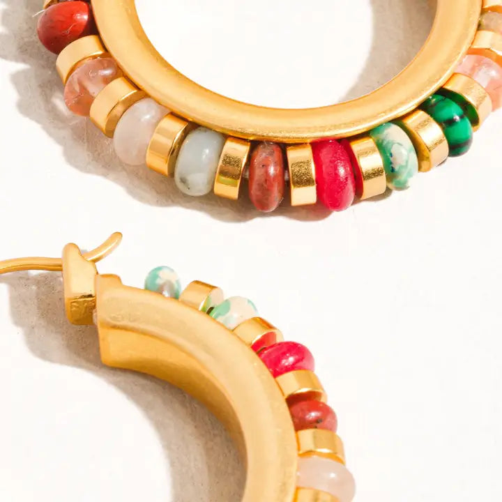 18K Non-Tarnish Color Beaded Hoop Earrings-Gold