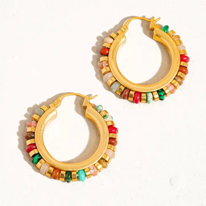 18K Non-Tarnish Color Beaded Hoop Earrings-Gold