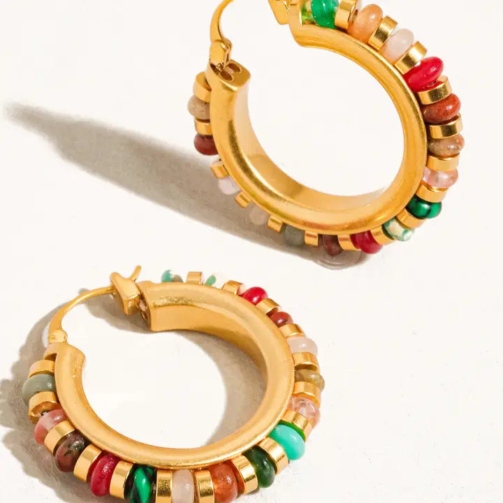 18K Non-Tarnish Color Beaded Hoop Earrings-Gold