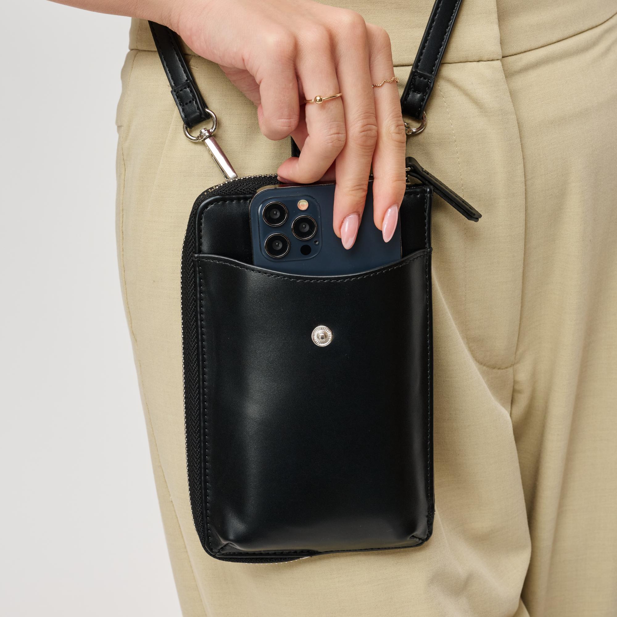 Black cell phone wallet crossbody against a white background