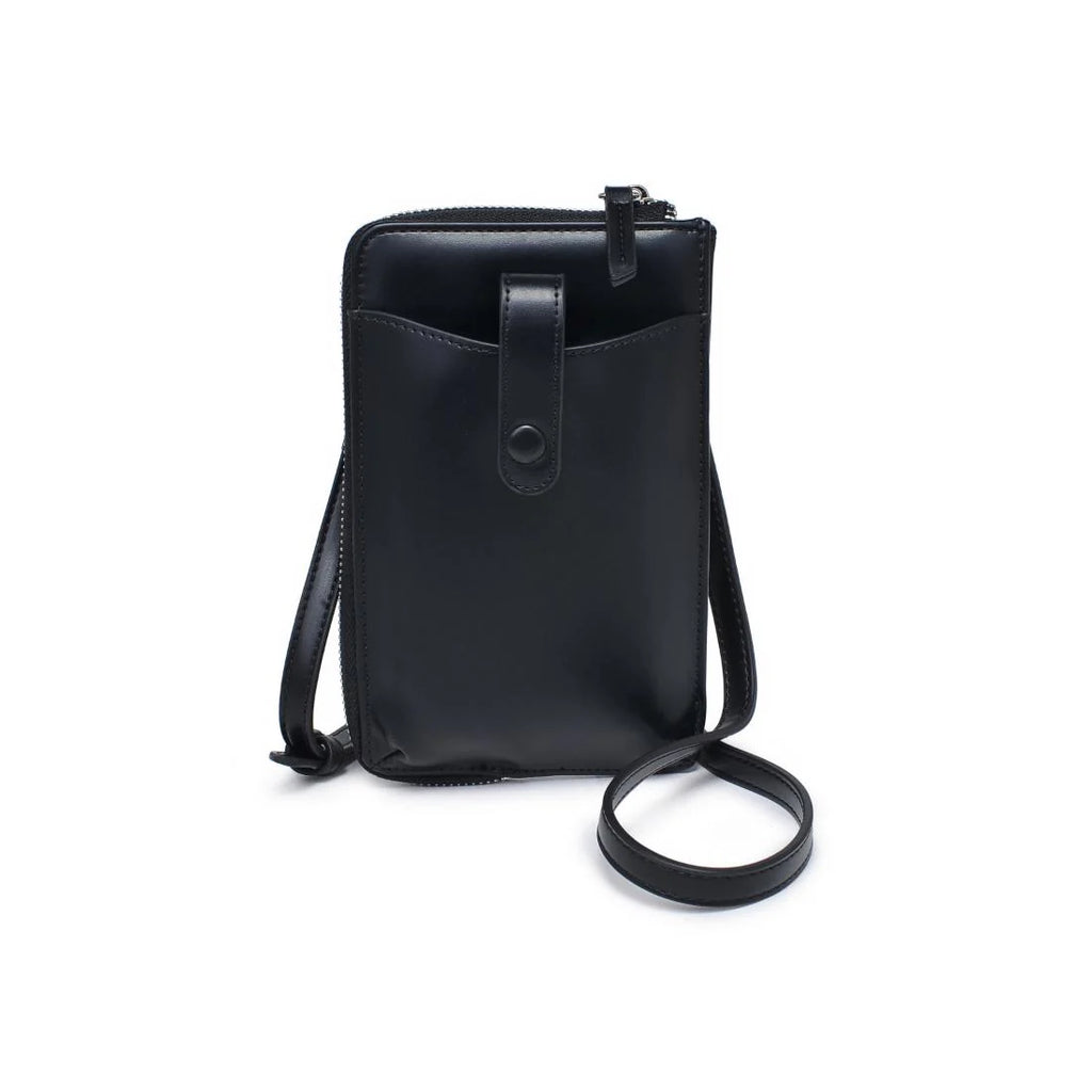 Black cell phone wallet crossbody against a white background