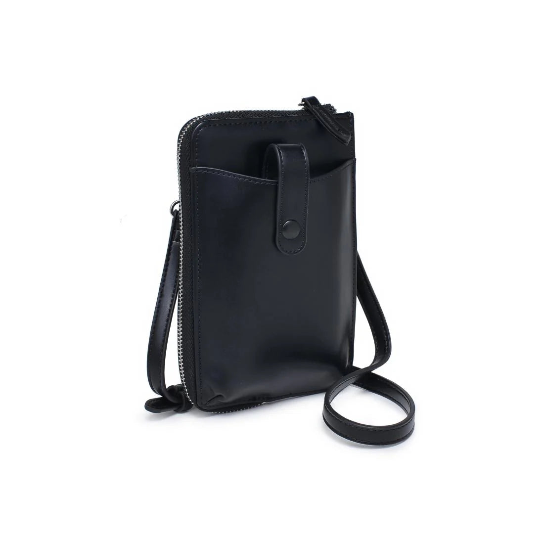 Black cell phone wallet crossbody against a white background
