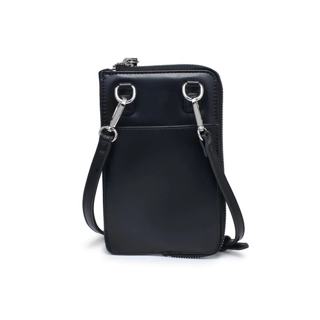 Back view of a black cell phone wallet crossbody against a white background