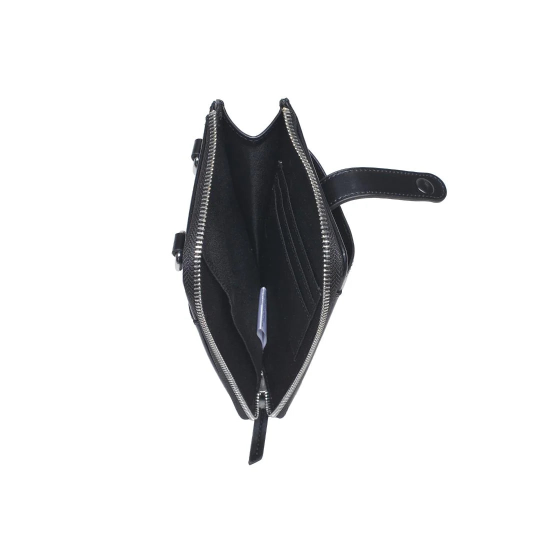 Interior view of a black cell phone wallet crossbody against a white background