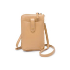 Tan cell phone wallet crossbody against a white background