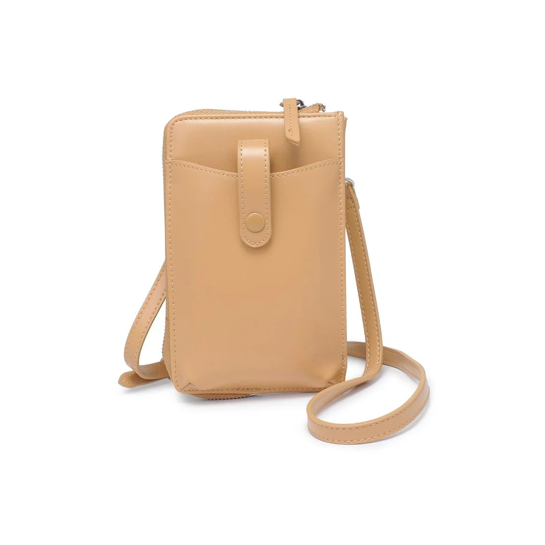 Tan cell phone wallet crossbody against a white background