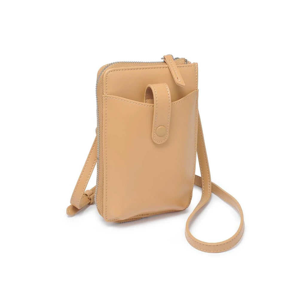 Tan cell phone wallet crossbody against a white background