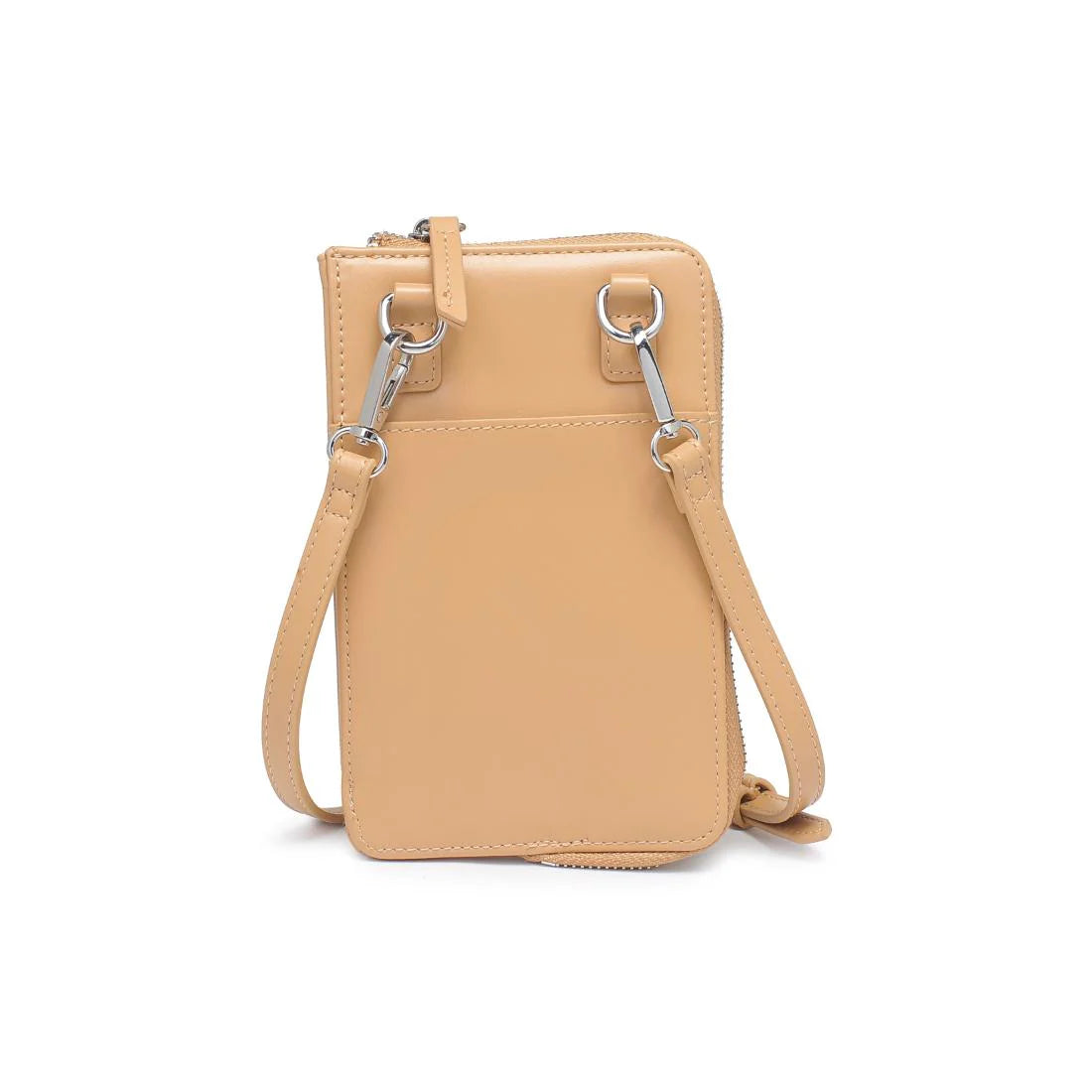 Back view of a tan cell phone wallet crossbody against a white background