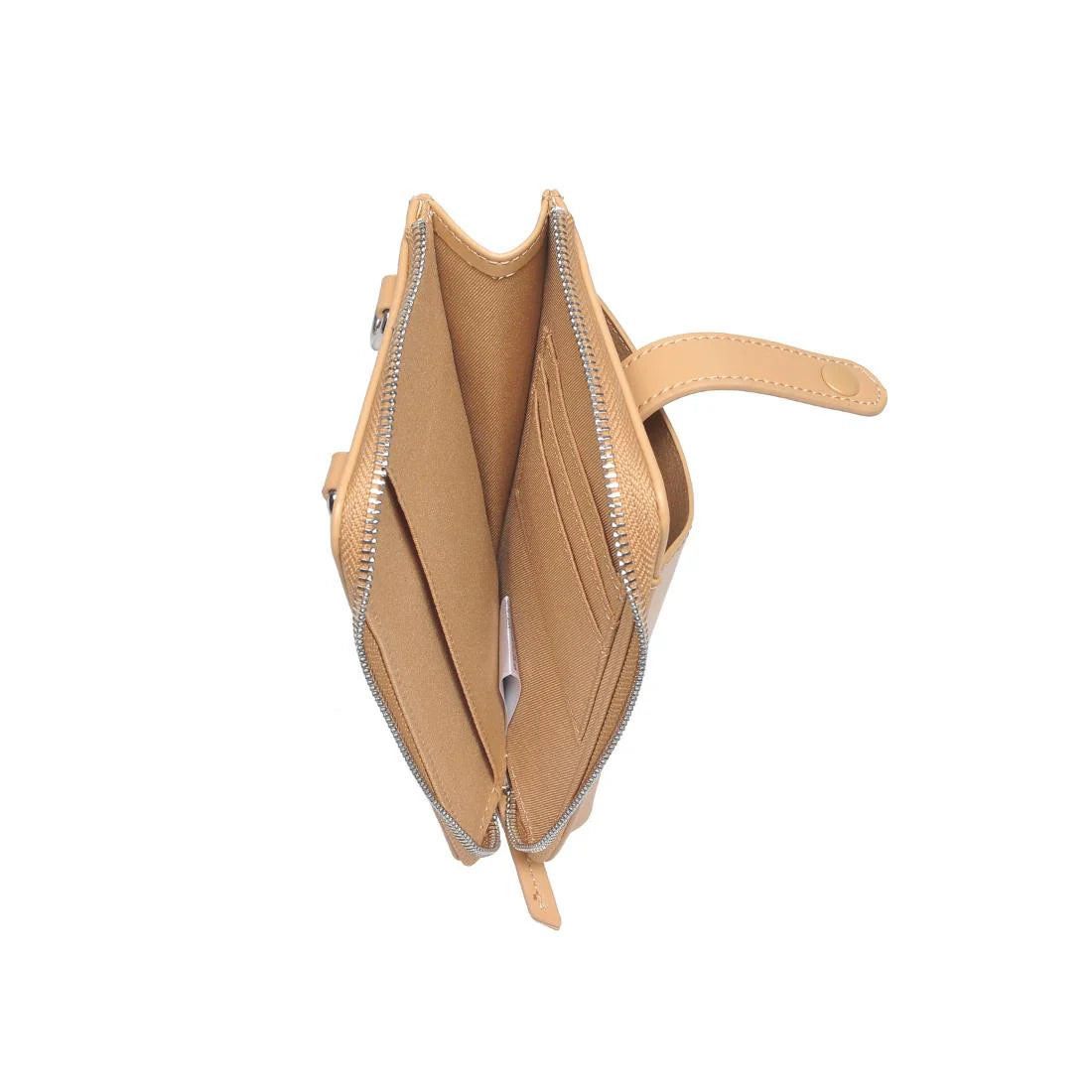 Inside view of the tan cell phone wallet crossbody against a white background