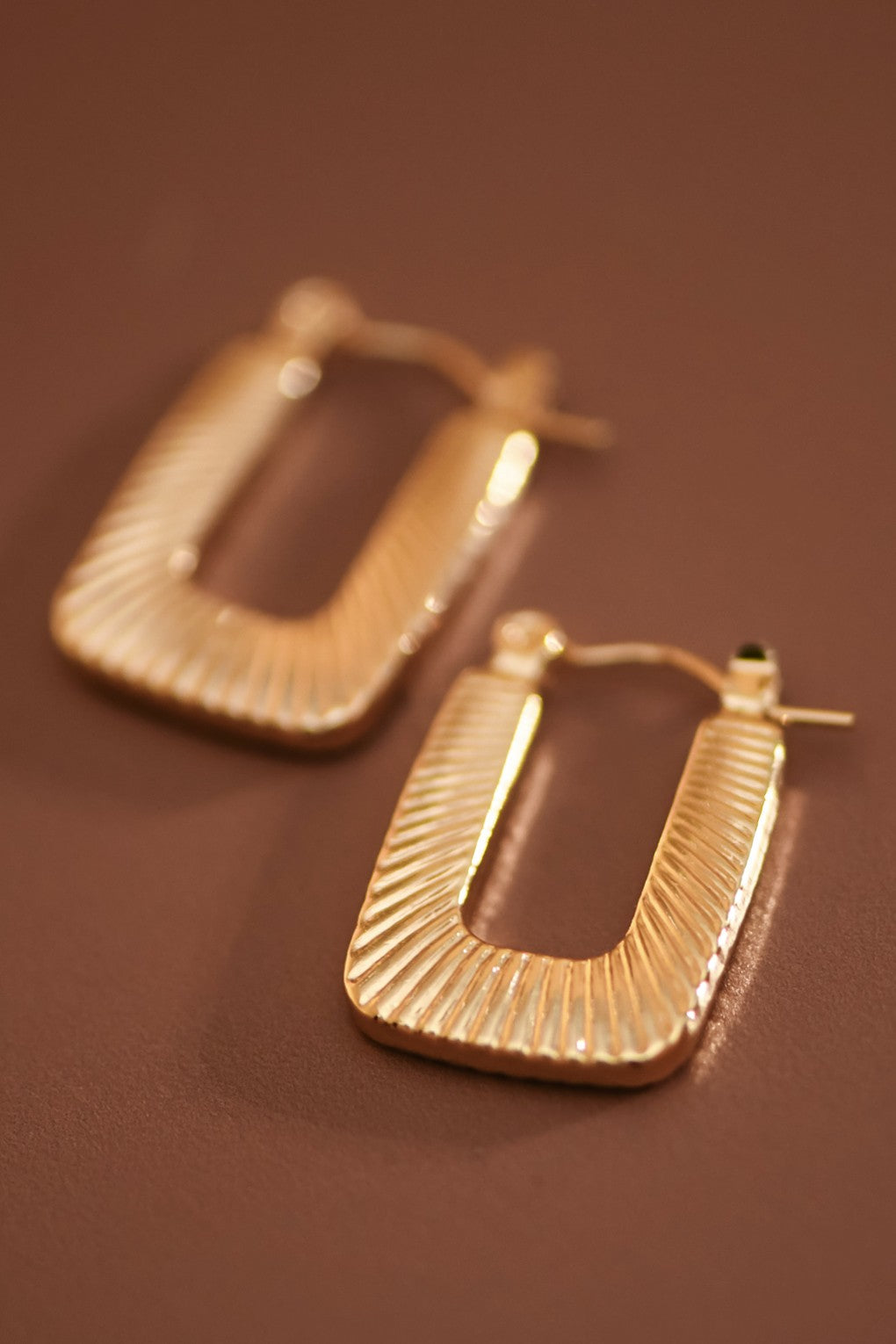 Textured gold hoop earrings on a brown background