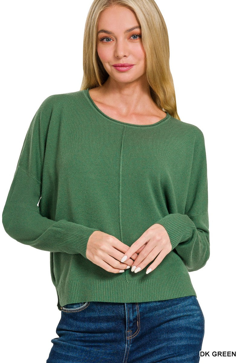 Round Neck Long Sleeve Sweater-Dark Green