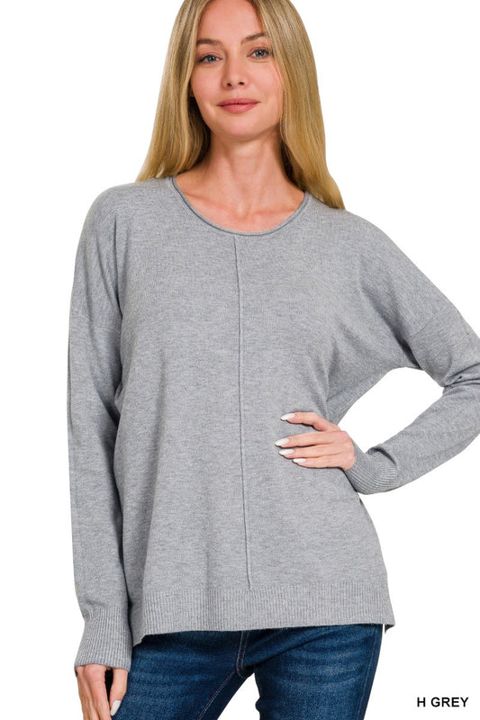 Round Neck Long Sleeve Sweater-Heather Grey