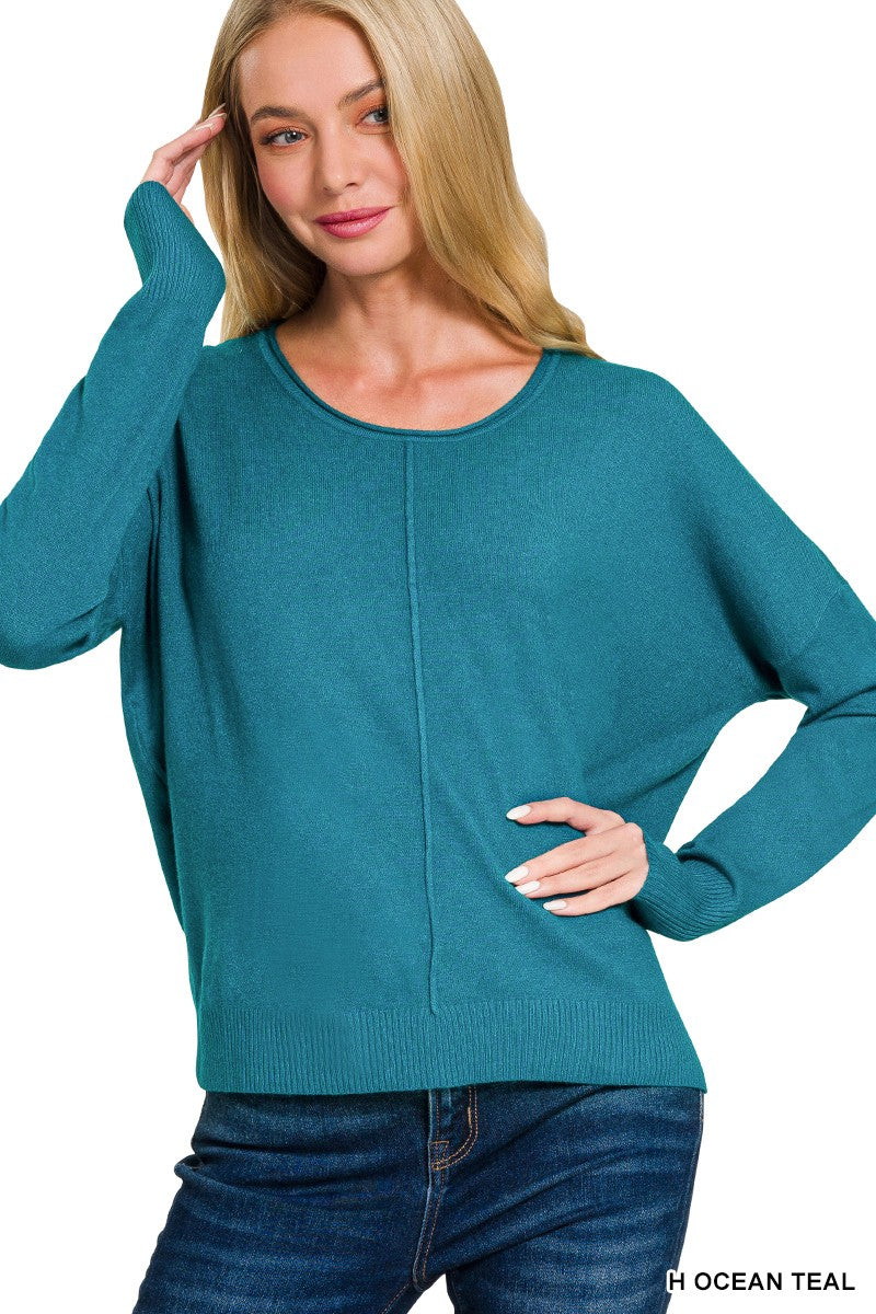 Round Neck Long Sleeve Sweater-Heather Ocean Teal