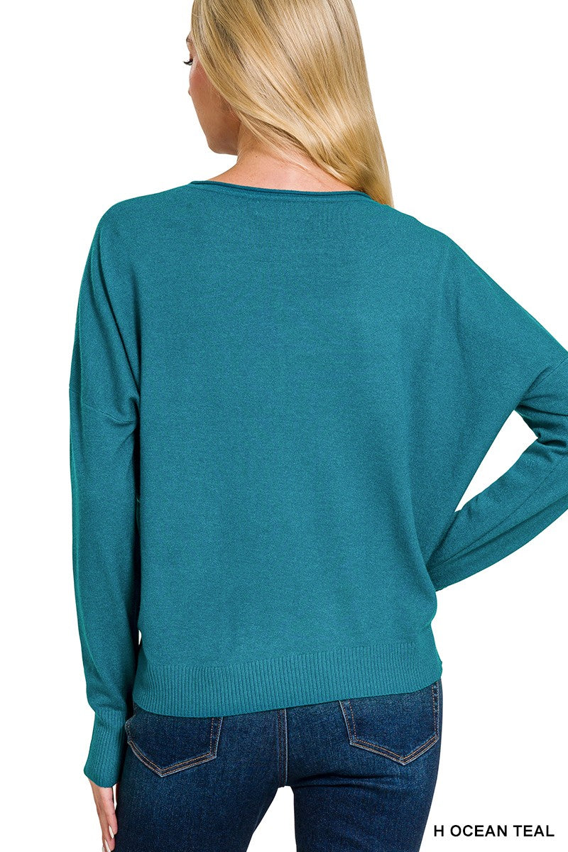 Round Neck Long Sleeve Sweater-Heather Ocean Teal