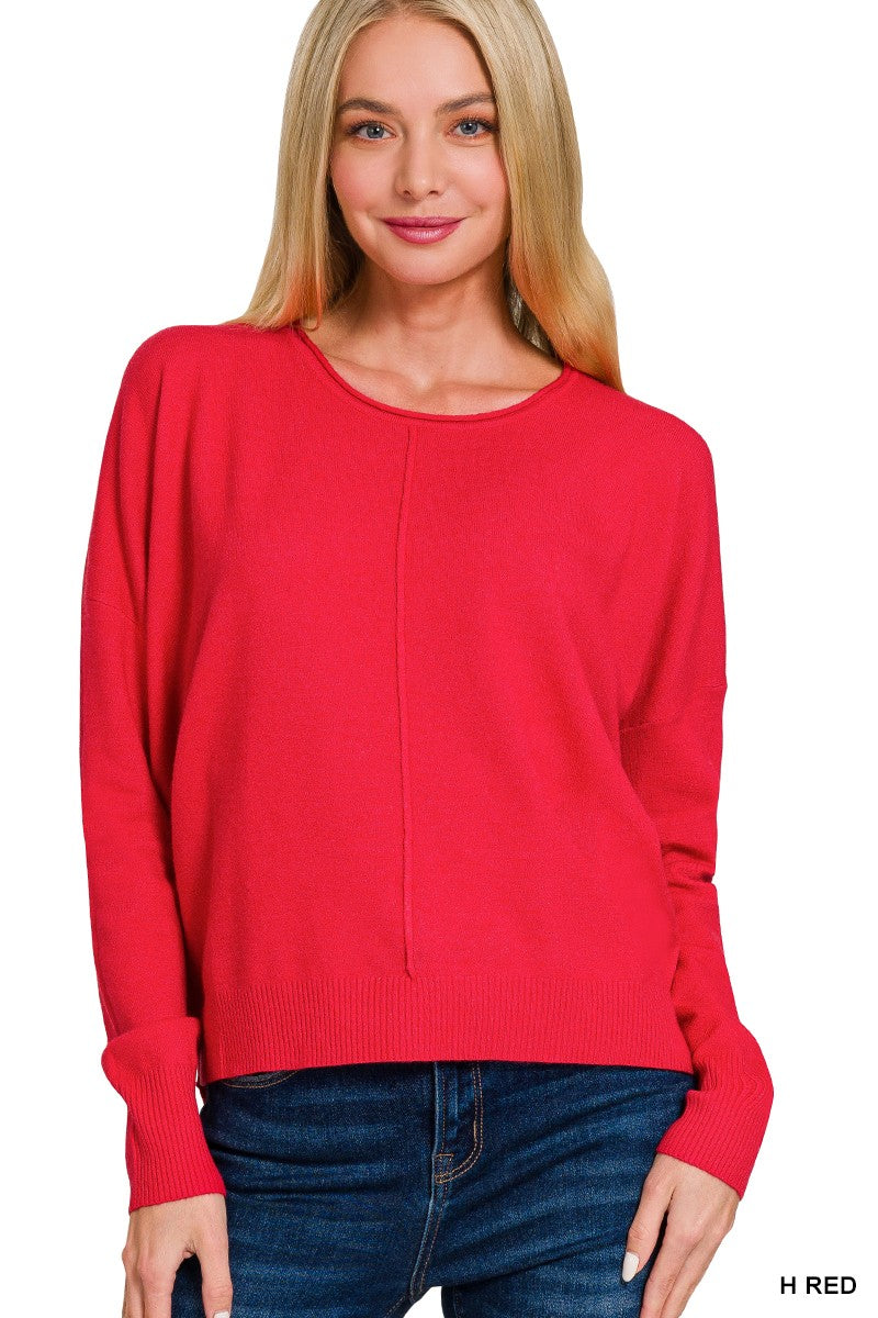 Round Neck Long Sleeve Sweater-Heather Red