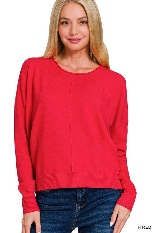 Round Neck Long Sleeve Sweater-Heather Red