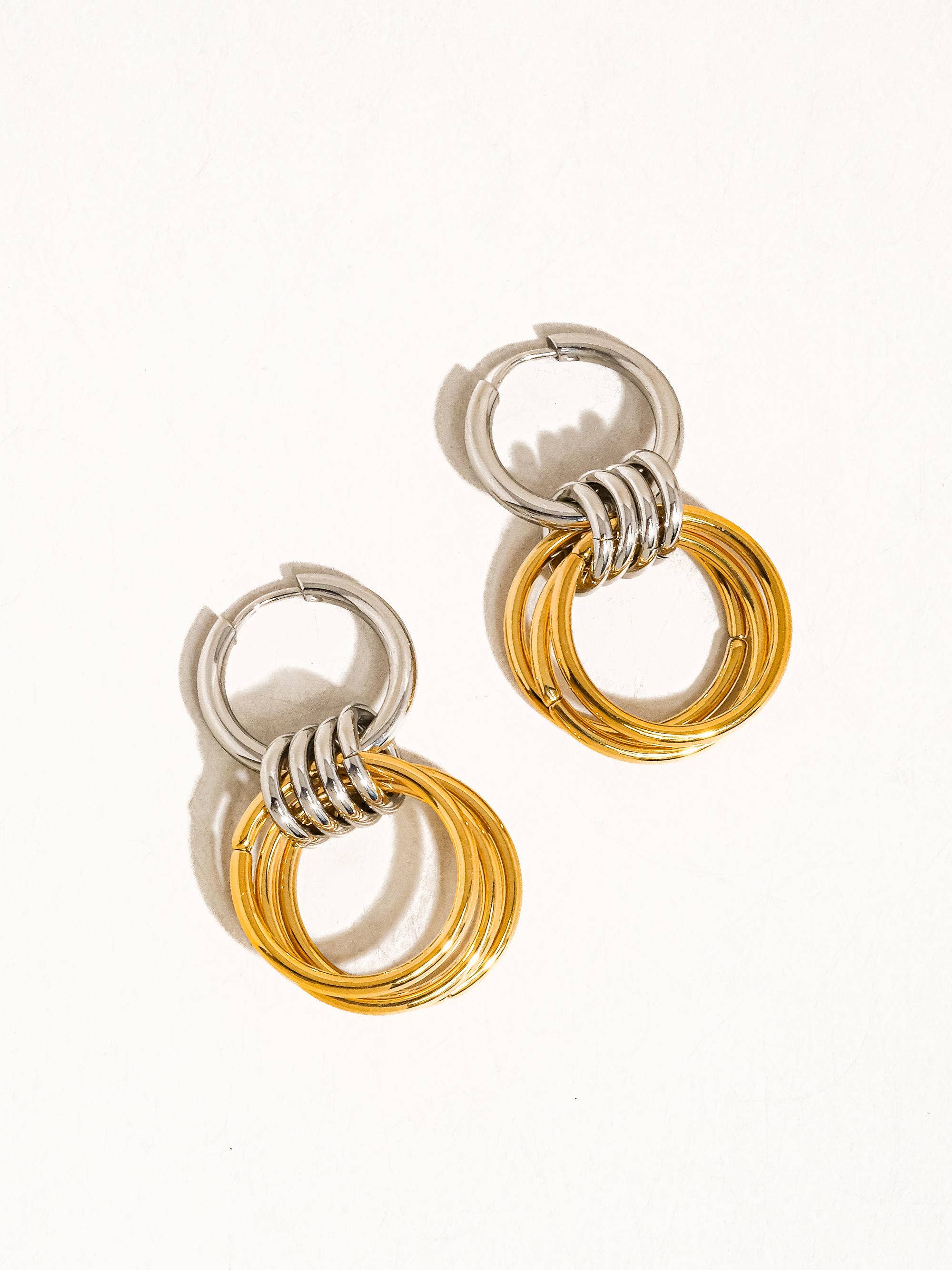 Non-Tarnish Two Tone Triple Hoop Dangle Earrings-18k Gold Plated