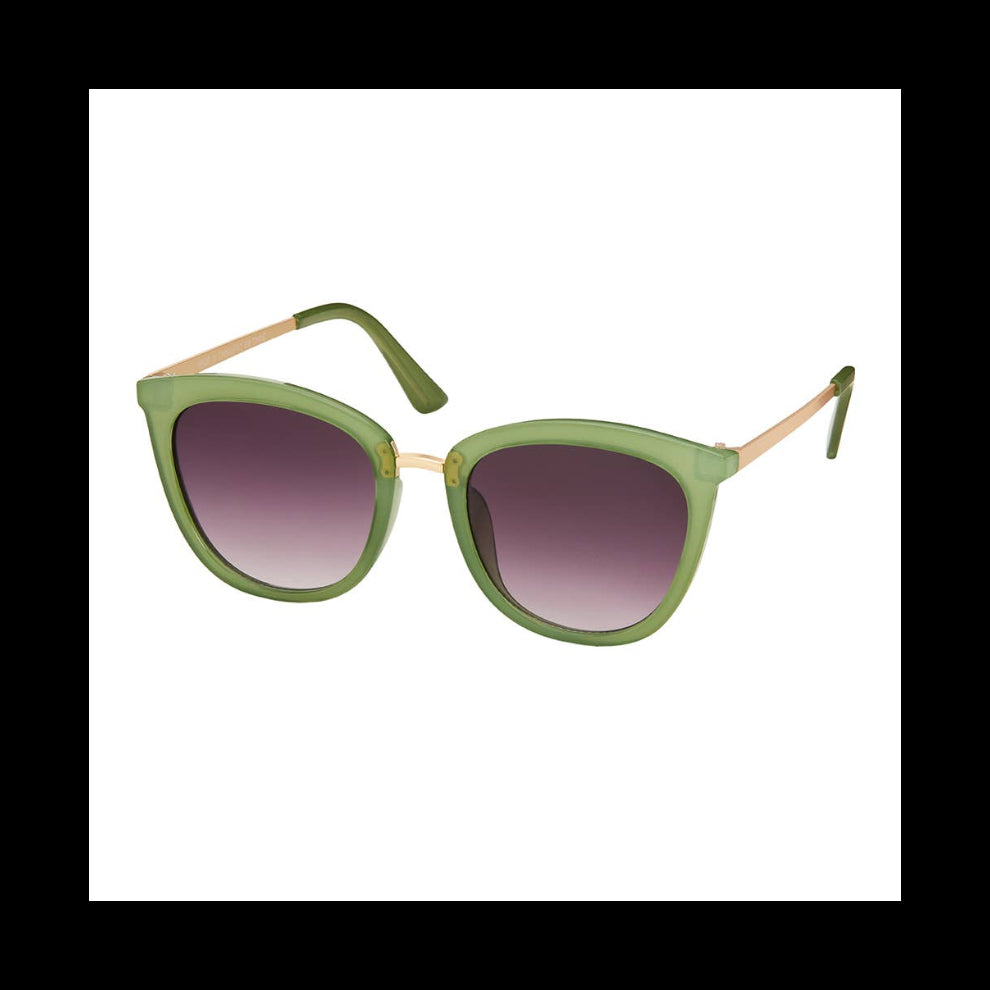 Green frame with metal side arms sunglasses against a white backgro