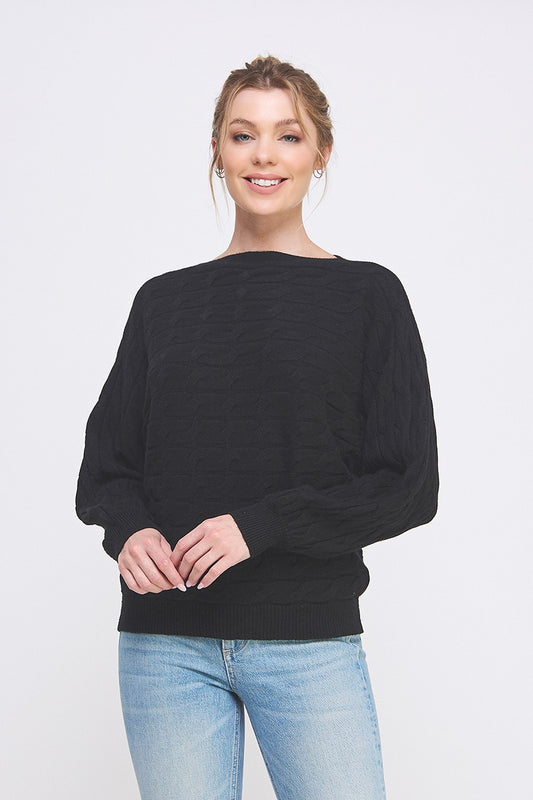 Fine Gauge Cable Knit Long Sleeve Sweater-Black