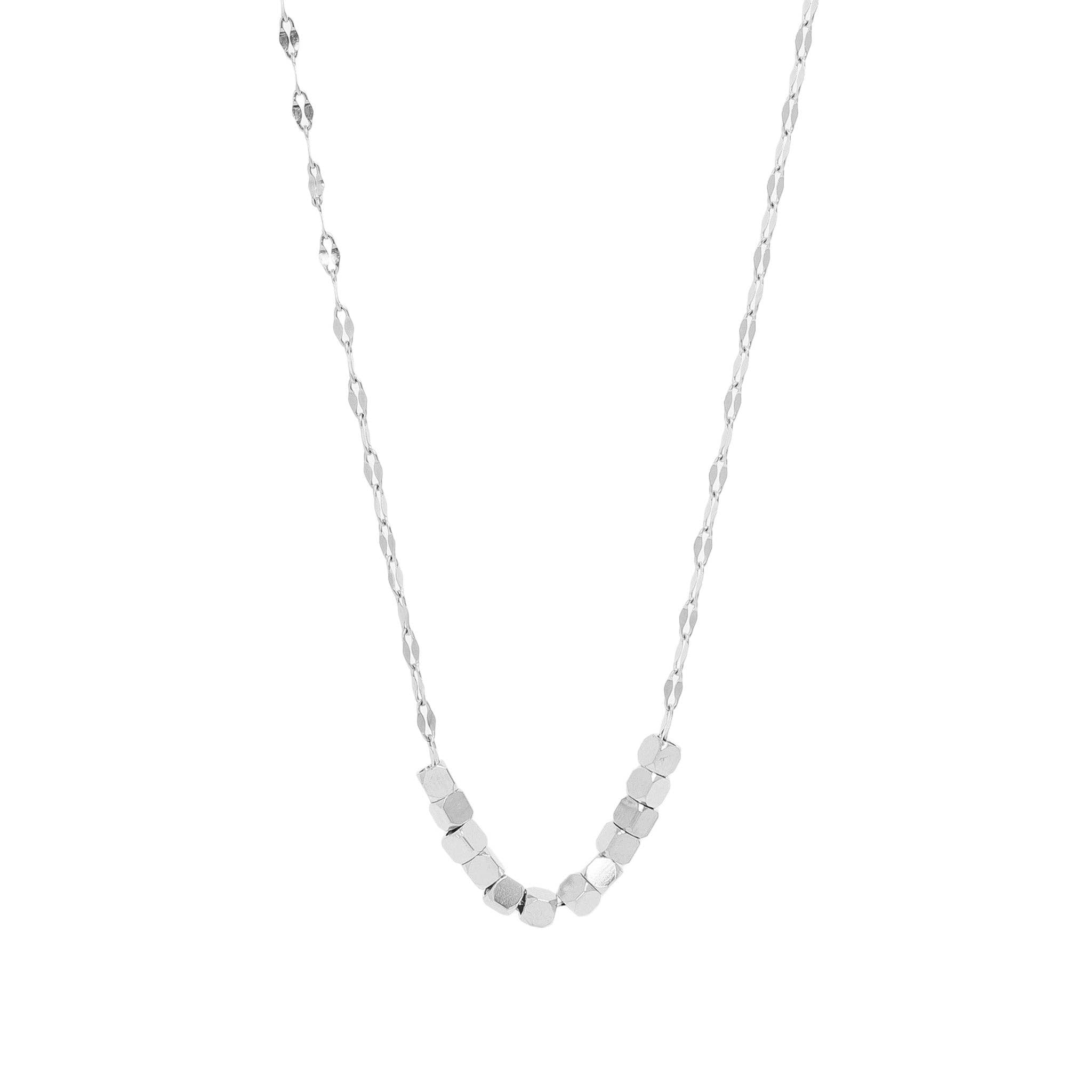 18k silver-plated necklace with square beads on a white background