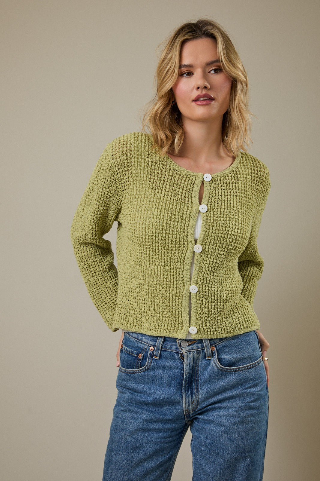 Chandler Open Weave Button Cardigan-Avocado Pointelle Knit