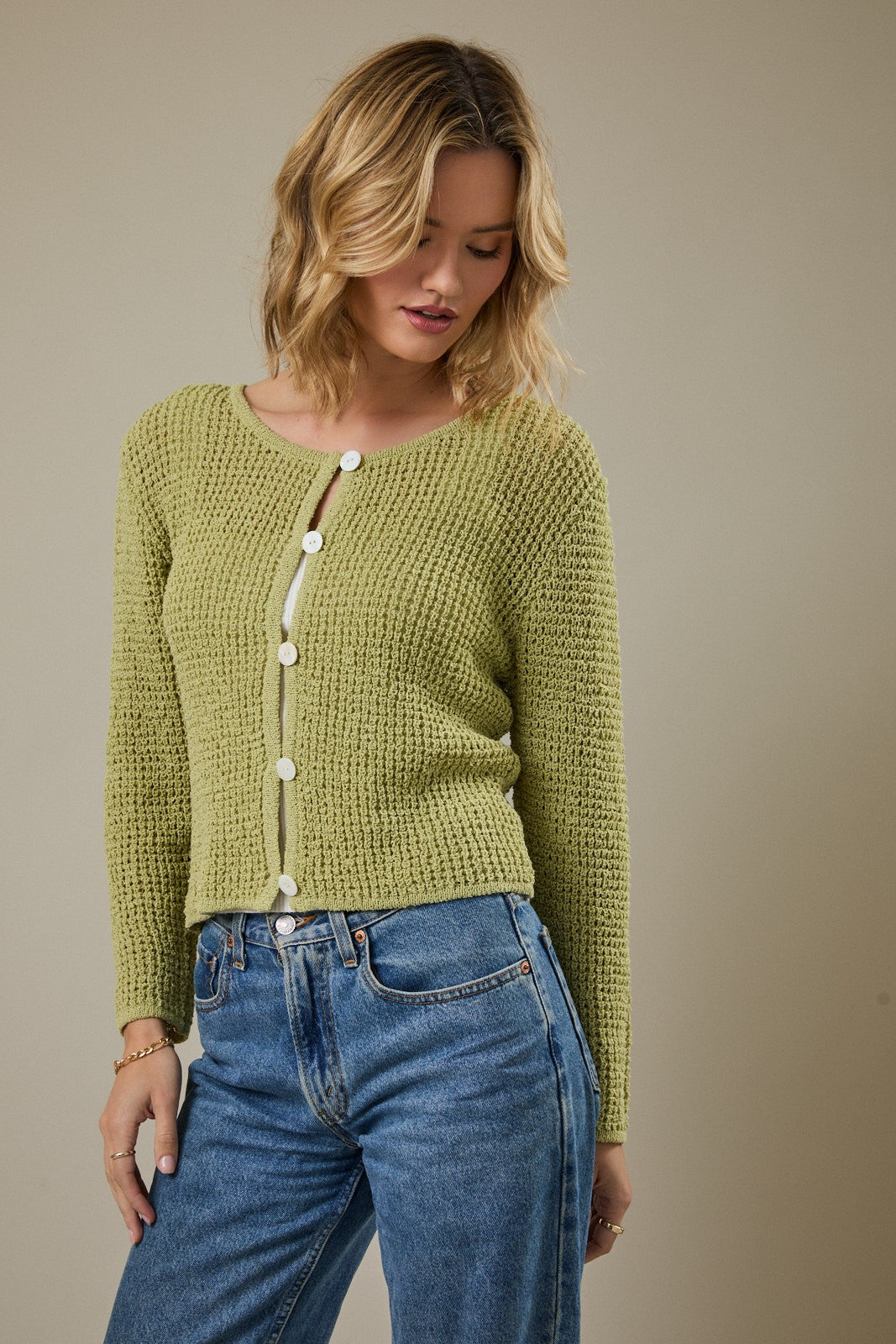 Chandler Open Weave Button Cardigan-Avocado Pointelle Knit