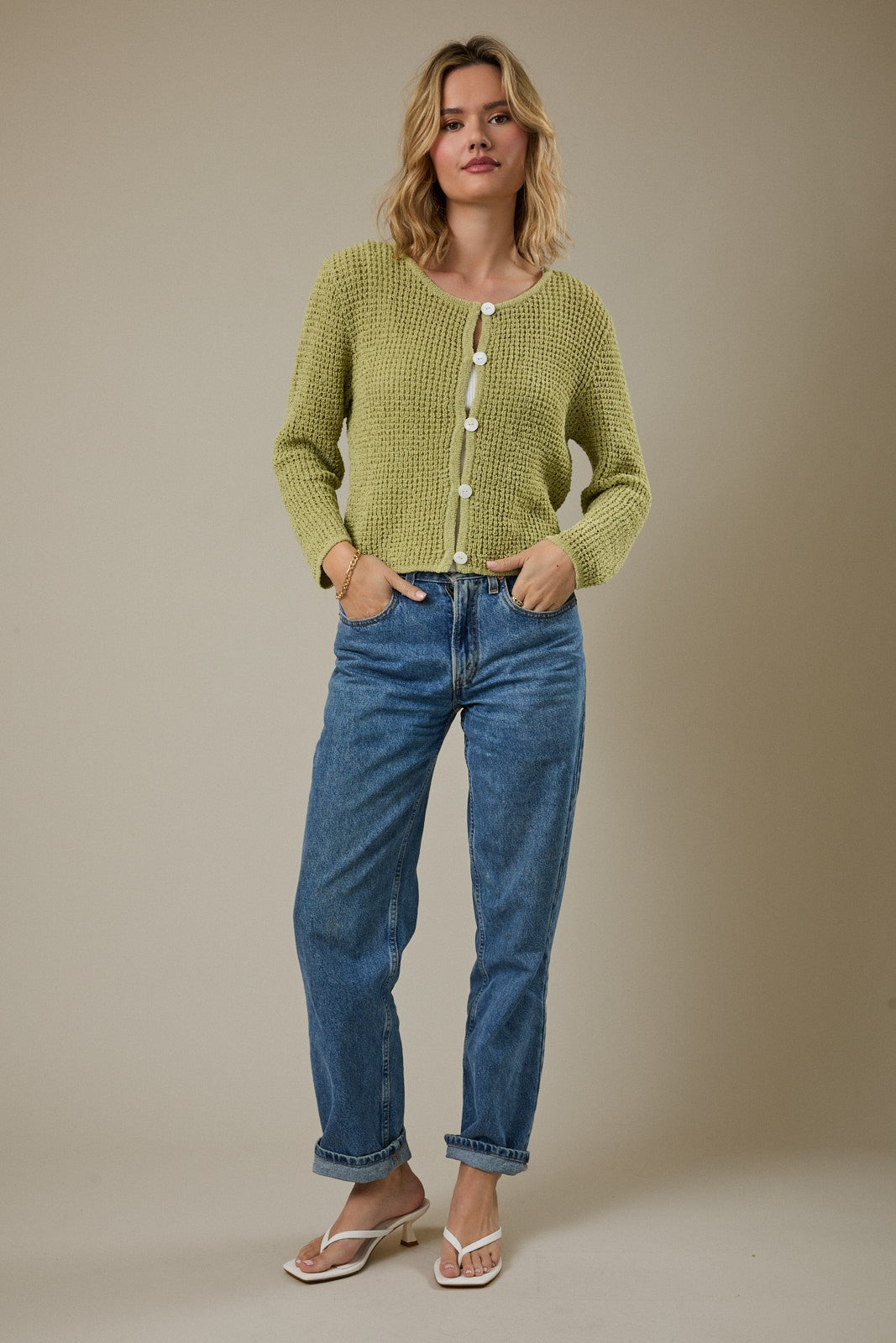 Chandler Open Weave Button Cardigan-Avocado Pointelle Knit