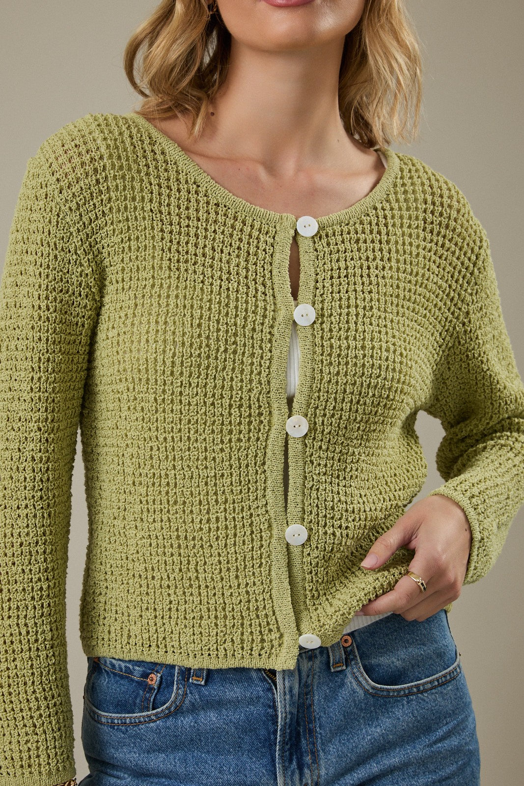 Chandler Open Weave Button Cardigan-Avocado Pointelle Knit