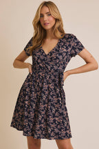 Ditsy Floral Faux Wrap Dress-Navy