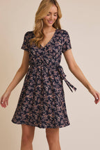 Ditsy Floral Faux Wrap Dress-Navy