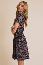 Ditsy Floral Faux Wrap Dress-Navy